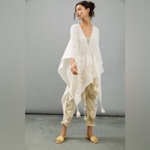 Anthropologie Cream Embroidered Eyelet Kimono Wrap Cover Up One Size Boho
